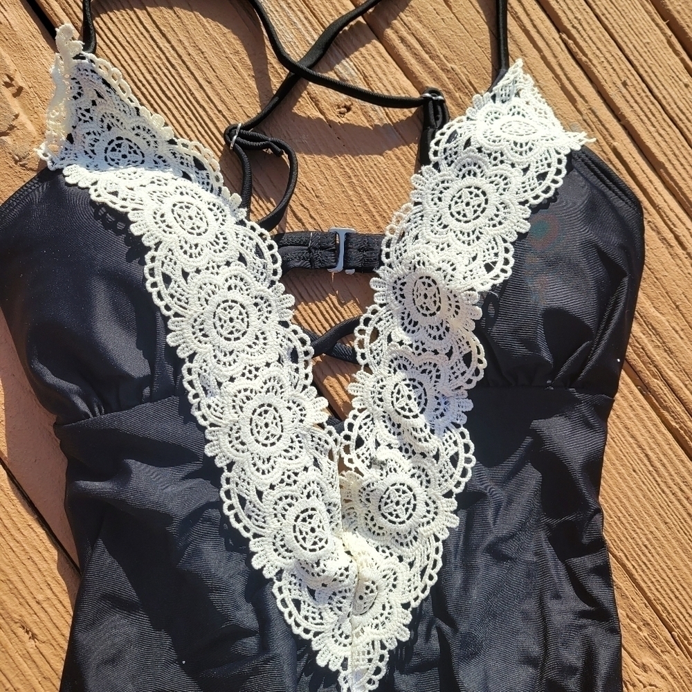 Misty Pearl Black One-Piece Swimsuit with White Lace Plunge - Picture 8 of 12